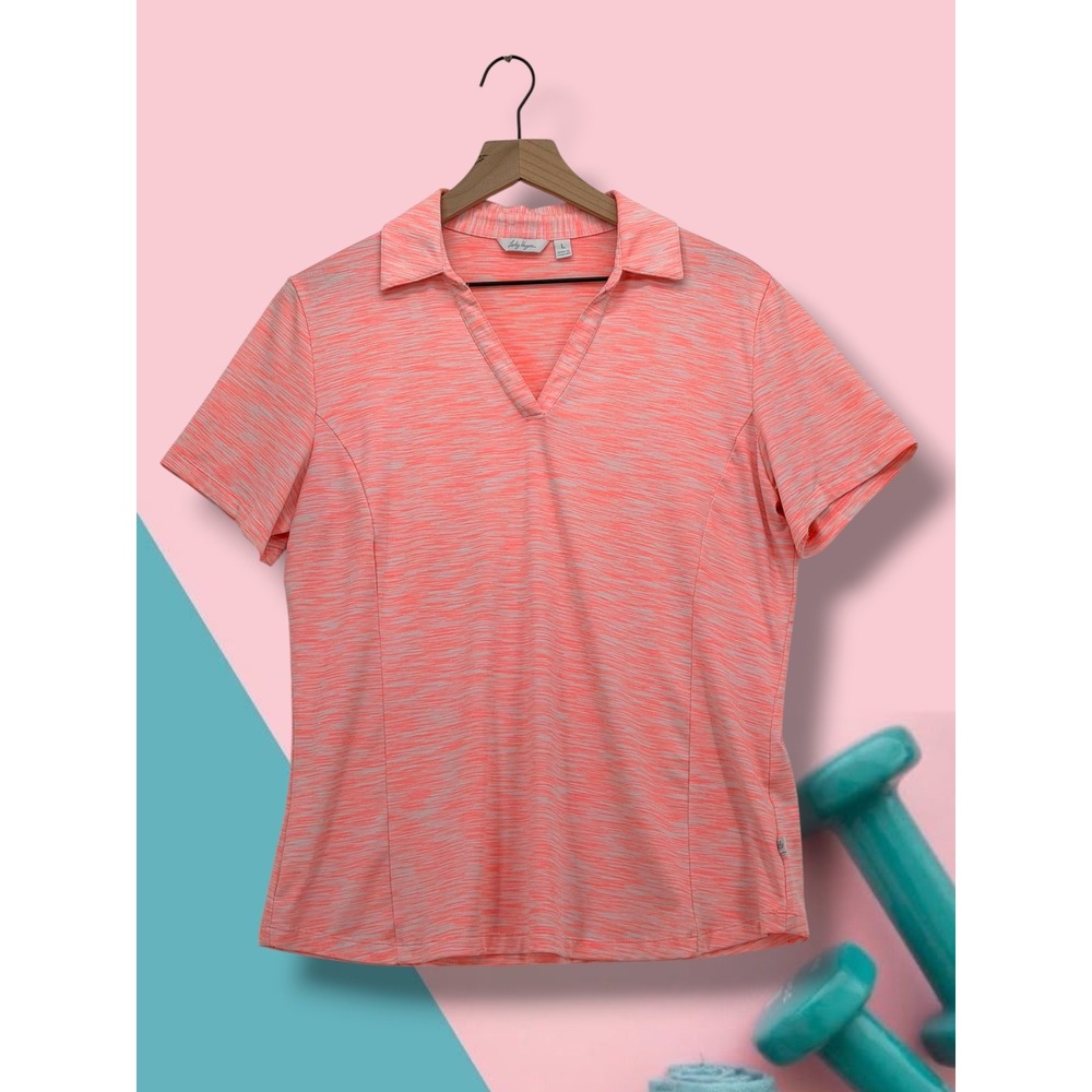 Lady Hagen Space Dye Performance V-Neck Golf Polo Shirt Coral Pink Large